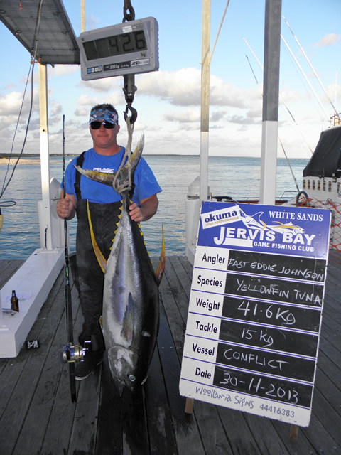 ANGLER: Eddie Johnson SPECIES: Yellowfin Tuna  WEIGHT: 41.6 Kg. LURE: JB Lures,  Tiny Ripper